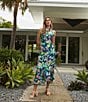 Color:Navy - Image 4 - Miramar Floral Print Linen Blend Spread Wing Collar Sleeveless Wrap Front A-Line Dress