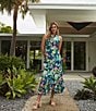 Color:Navy - Image 5 - Miramar Floral Print Linen Blend Spread Wing Collar Sleeveless Wrap Front A-Line Dress