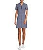 Color:Navy - Image 1 - Ritchie Catalina Cloth Knit Geo Stripe Print Point Collar Short Sleeve Pocketed A-Line Dress