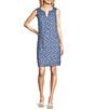 Color:Navy/Blue - Image 1 - Rue Linen Floral Print Split V-Neck Sleeveless Shift Dress