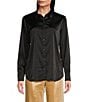 Color:Black - Image 1 - Satin Woven Point Collar Long Sleeve Button Front Shirt
