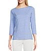 Color:Medium Blue - Image 1 - Wavesong Striped Print 3/4 Sleeve Button Shoulder Tee Shirt