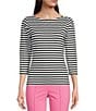 Color:Black - Image 1 - Wavesong Striped Print 3/4 Sleeve Button Shoulder Tee Shirt
