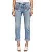 Color:Skyscape Blue - Image 1 - Carter Embroidered Waist Mid Rise Slim Leg Jeans