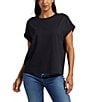 Color:Black - Image 1 - Drapey Luxe Crew Neck Rolled Cap Sleeve Tee