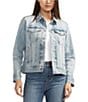 Color:Beverly Blue - Image 1 - Kiara Point Collar Flap Chest Pocket Long Sleeve Denim Jacket