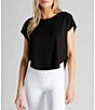 Color:Black - Image 1 - Easy Boat Neck Short Sleeve Cropped Shirt