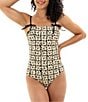 Janela Bay Cream Square Floral Square Neck Faux Shoulder Tie Bandeau One Piece Swimsuit, Color:Cream Square Floral - Image 1
