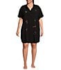 Color:Black Neon Embroidery - Image 1 - Plus Size Woven Short Sleeve Button-Front Collar Embroidered Detail Sleepshirt