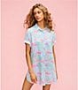 Color:Leafy Palm - Image 6 - Woven Leafy Palm Flamingo Print Short Sleeve Button-Front Point Collar Sleepshirt