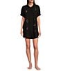 Color:Black Neon Embroidery - Image 1 - Woven Short Sleeve Button-Front Collar Embroidered Detail Sleepshirt