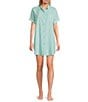 Jasmine & Ginger Woven Short Sleeve Button Front Collar Scattered Daisy Striped Sleepshirt - Image 1