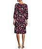 Color:Navy Multi - Image 2 - 3/4 Balloon Sleeve Boat Neck Ruched Waist Floral Sheath Dress