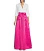 Color:Fuchsia White - Image 1 - 3/4 Cuff Sleeve Collared V-Neck Tie Sash Ball Gown