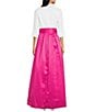 Jessica Howard 3/4 Cuff Sleeve Collared V-Neck Tie Sash Satin Ball Gown, Color:Fuchsia White - Image 2