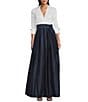 Jessica Howard 3/4 Cuff Sleeve Collared V-Neck Tie Sash Ball Gown, Color:Indigo White - Image 1
