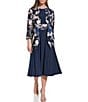 Color:Navy/Pansy - Image 1 - 3/4 Sleeve Crew Neck Floral Ruched Waist A-Line Midi 2-Piece Jacket Dress