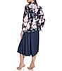 Color:Navy/Pansy - Image 2 - 3/4 Sleeve Crew Neck Floral Ruched Waist A-Line Midi 2-Piece Jacket Dress