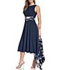 Color:Navy/Pansy - Image 3 - 3/4 Sleeve Crew Neck Floral Ruched Waist A-Line Midi 2-Piece Jacket Dress