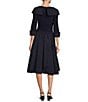 Color:Navy - Image 2 - Jersey Taffeta 3/4 Sleeve Portrait Collar Ruched A-Line Midi Dress