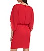 Color:Crimson - Image 2 - Chiffon 3/4 Dolman Sleeve Boat Neck Tie Waist Blouson Dress