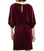 Color:Wine - Image 2 - Elbow Sleeve Boat Neck Belted Blouson Velvet Dress