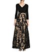 Color:Black Gold - Image 2 - Floral Print Knit Jersey Boat Neck 3/4 Sleeve Metallic Jacquard Dress