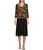 Color:Black/Gold - Image 1 - Petite Size 3/4 Sleeve Scoop Neck Floral Print 2-Piece Jacket Dress
