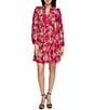 Color:Fuchsia Multi - Image 1 - Petite Size Floral Print Long Sleeve V-Neck Printed Tiered Dress
