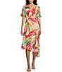 Color:Multi - Image 1 - Petite Size Short Flutter Sleeve V-Neck Asymmetrical Hem Printed Faux Wrap Midi Dress