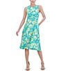 Color:Aqua - Image 4 - Petite Size Sleeveless Crew Neck Front Wrap Knot Floral Midi Dress