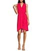 Color:Cherry - Image 1 - Petite Size Sleeveless Surplice V-Neck Chiffon Pleated Blouson Faux Wrap Dress