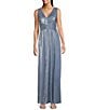 Jessica Howard Petite Size Sleeveless V-Neck Pleated Metallic Knit Gown, Color:Sky - Image 1