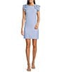 Jessica Howard Petite Size Stripe Seersucker Crew Neck Ruffle Shoulder Sleeveless Shift Dress, Color:Blue/Ivory - Image 1