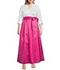 Jessica Howard Plus Size 3/4 Cuff Sleeve Collared V-Neck Tie Sash Ball Gown, Color:Fuchsia White - Image 1