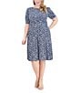 Color:Navy - Image 1 - Plus Size 3/4 Sleeve Boat Neck Ruched Waist Printed Midi Dress