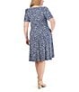 Color:Navy - Image 2 - Plus Size 3/4 Sleeve Boat Neck Ruched Waist Printed Midi Dress