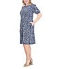 Color:Navy - Image 3 - Plus Size 3/4 Sleeve Boat Neck Ruched Waist Printed Midi Dress