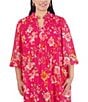 Color:Magenta - Image 4 - Plus Size Long Sleeve Mock Neck Pleated Bodice Floral Print Chiffon Shift Dress