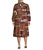 Color:Rust Multi - Image 2 - Plus Size Long Sleeve V-Neck Midi Dress