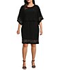 Color:Black - Image 1 - Plus Size Round Neck 3/4 Sleeve Jersey Blouson Dress