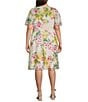 Color:Ivory Multi - Image 2 - Plus Size Short Flutter Sleeve Crew Neck Tie Waist Floral Chiffon Dress