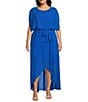 Color:Deep Blue - Image 1 - Plus Size Short Sleeve Crew Neck Tie Waist Chiffon Hi-Low Maxi Dress