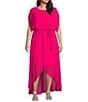 Jessica Howard Plus Size Short Sleeve Crew Neck Tie Waist Chiffon Hi-Low Maxi Dress, Color:Fuchsia - Image 1