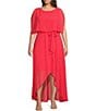 Color:Dahlia - Image 1 - Plus Size Short Sleeve Crew Neck Tie Waist Chiffon Hi-Low Maxi Dress