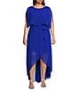 Jessica Howard Plus Size Short Sleeve Crew Neck Tie Waist Chiffon Hi-Low Maxi Dress, Color:Cobalt - Image 1