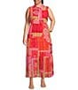 Color:Pink Multi - Image 1 - Plus Size Sleeveless Collared Neck Patchwork Print Maxi Dress