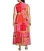 Color:Pink Multi - Image 2 - Plus Size Sleeveless Collared Neck Patchwork Print Maxi Dress
