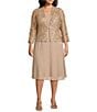 Jessica Howard Plus Size Soutache Chiffon Crew Neck 3/4 Sleeve Embellished Fit & Flare 2-Piece Jacket Dress, Color:Toffee - Image 1