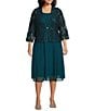 Jessica Howard Plus Size Soutache Chiffon Crew Neck 3/4 Sleeve Embellished Fit & Flare 2-Piece Jacket Dress, Color:Peacock - Image 1